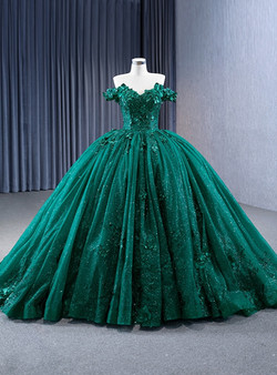 Green Ball Gown Tulle Sequins Appliques Prom Dress