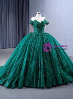 Green Ball Gown Tulle Sequins Appliques Prom Dress