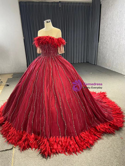Burgundy Ball Gown Short Sleeve Beading Feather Prom Dress