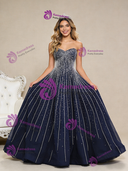 Navy Blue Tulle Sweetheart Beading Prom Dress