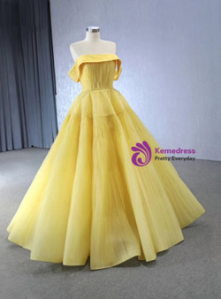 Yellow Tullle Pleats Beading Prom Dress