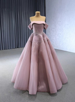 Dark Pink Tullle Pleats Beading Prom Dress