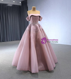 Dark Pink Tullle Pleats Beading Prom Dress