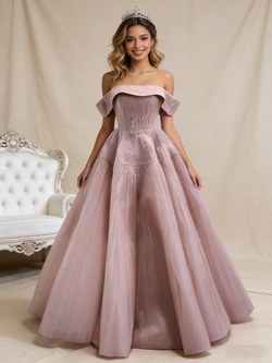 Dark Pink Tullle Pleats Beading Prom Dress