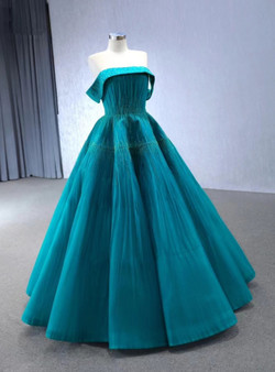 Blue Tullle Pleats Beading Prom Dress