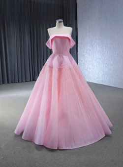 A-Line Pink Tullle Pleats Beading Prom Dress