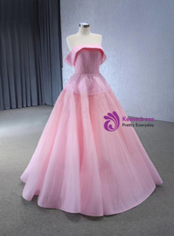 A-Line Pink Tullle Pleats Beading Prom Dress
