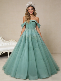 Green Tullle Strapless Pleats Beading Prom Dress