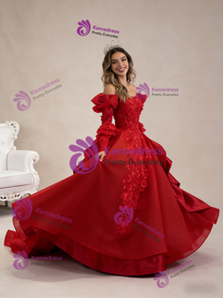 Red Long Sleeve Backless 3D Appliques Prom Dress