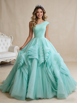 Light Green Tulle One Shoulder Pleats Prom Dress