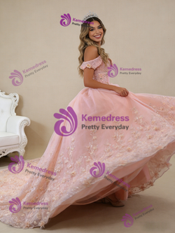 Pink Tulle Off the Shoulder 3D Flower Prom Dress