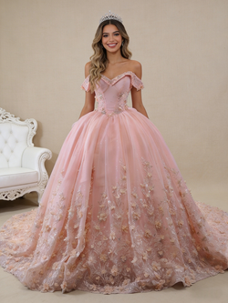 Pink Tulle Off the Shoulder 3D Flower Prom Dress