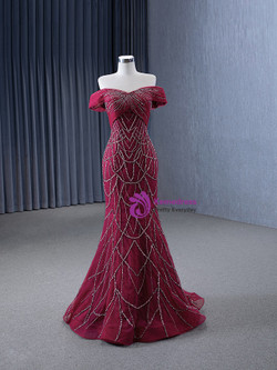 Burgundy Mermaid Sequins Tulle Off the Shoulder Pleats Prom Dress