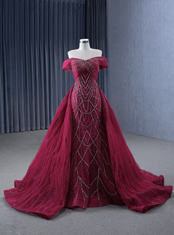 Burgundy Mermaid Sequins Tulle Off the Shoulder Pleats Prom Dress