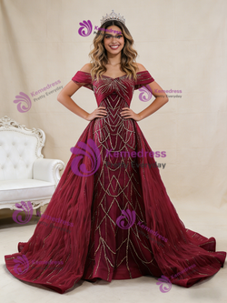 Burgundy Mermaid Sequins Tulle Off the Shoulder Pleats Prom Dress