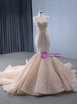 Champagne Mermaid Sequins Beading Prom Dress