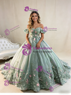 Green Ball Gown Tulle Sequins 3D Flower Prom Dress