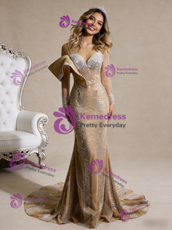 Sexy Champagne Mermaid Long Sleeve Beading Prom Dress