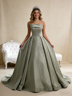 Simple Green Satin Strapless Sequins Beading Prom Dress