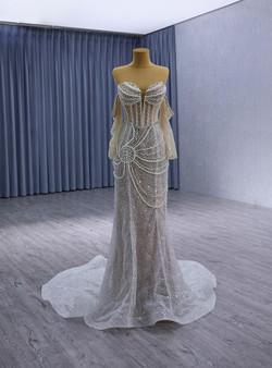 Mermaid Sequins Long Sleeve Strapless Pearls Wedding Dress