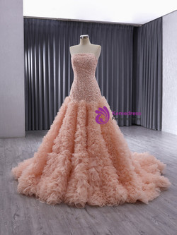 Orange Pink Strapless Tiers Sequins Prom Dress