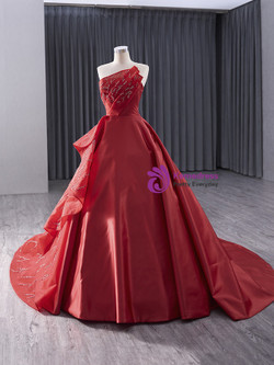 Red Satin Strapless Beading Sequins Prom Dress