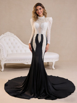 Sexy Black Mermaid Long Sleeve Pearls Prom Dress