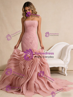 Pink Mermaid Tulle Appliques Strapless Pleats Prom Dress
