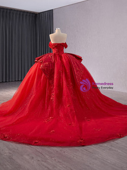 Red Tulle Strapless Appliques Prom Dress
