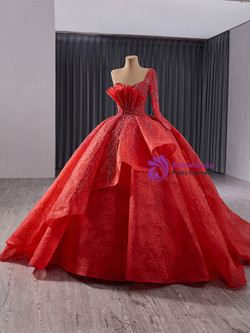Red Long Sleeve One Shoulder Sequins Beading Prom Dress