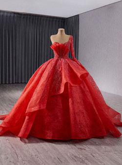 Red Long Sleeve One Shoulder Sequins Beading Prom Dress