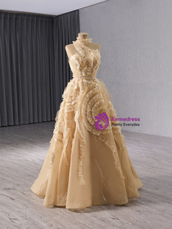 A-line Champagne One Shouder Tulle Prom Dress