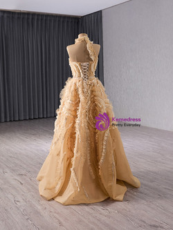 A-line Champagne One Shouder Tulle Prom Dress