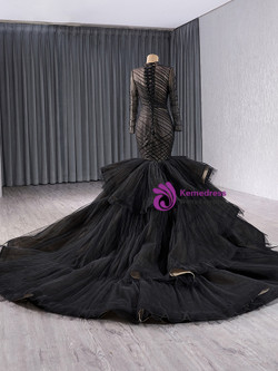 Black Mermaid Tulle Long Sleeve Pleats Prom Dress