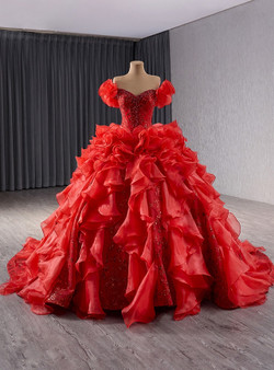 Red Sequins Off the Shoulder Pearls Prom Dress
