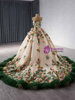 Champagne Green Tulle 3D Flower Prom Dress
