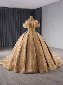 Champagne Ball Gown Tulle Sequins Off the Shoulder Prom Dress