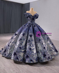 Navy Blue Sequins Appliques Off the Shoulder Prom Dress