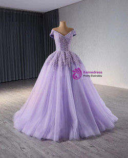 A-Line Lilac Tulle Sequins Off the Shoulder Prom Dress