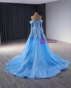 Blue Tulle Off the Shoulder Long Sleeve Sequins Beading Prom Dress