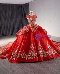 Red Ball Gown Tulle Sequins Cap Sleeve Prom Dress
