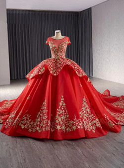 Red Ball Gown Tulle Sequins Cap Sleeve Prom Dress