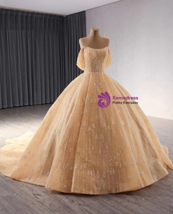 Champagne Tulle Sequins Beading Prom Dress