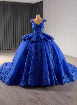 Royal Blue Tulle Sequins Appliques Prom Dress