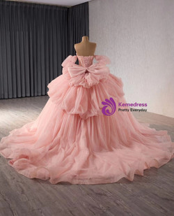Pink Tulle Strapless Lace Appliques Beading Prom Dress