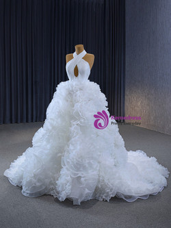 White Ball Gown Tulle Halter Pleats Wedding Dress
