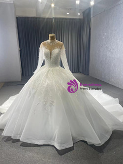 White Tulle Long Sleeve Appliques High Neck Wedding Dress 