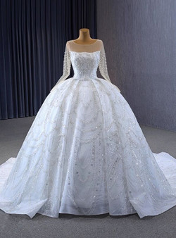 White Tulle Sequins Beading Pearls Wedding Dress