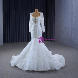 Sexy White Mermaid Sequins Backless Pearls Wedding Dress