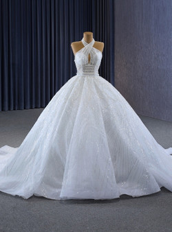 White Tulle Sequins Pearls Wedding Dress